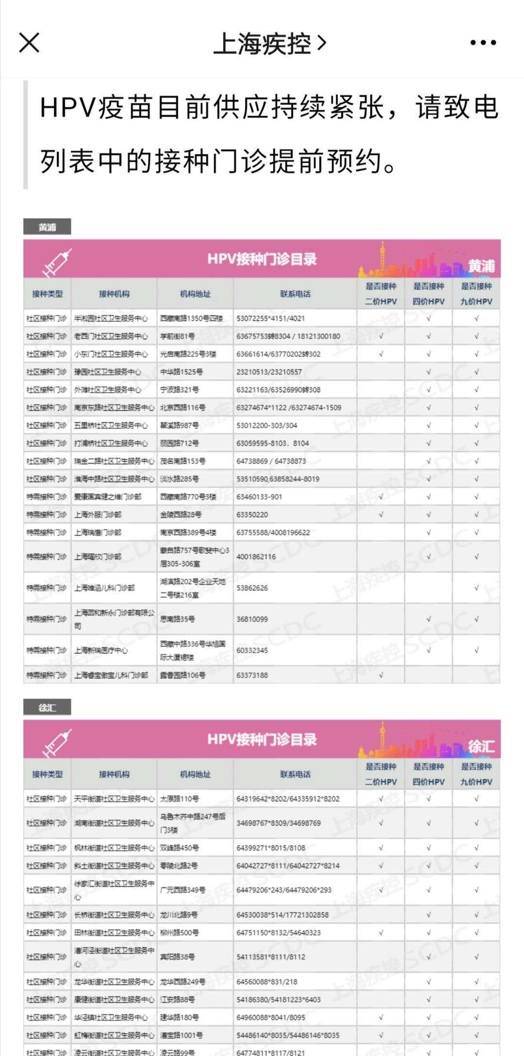 上海疾控官方微信公眾號(hào)提醒，HPV疫苗目前供應(yīng)持續(xù)緊張。